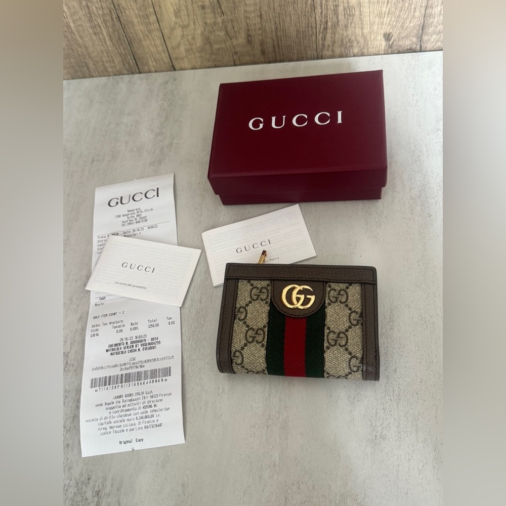 Gucci Brown GG Canvas Card Holder with Green and Red Web Stripe